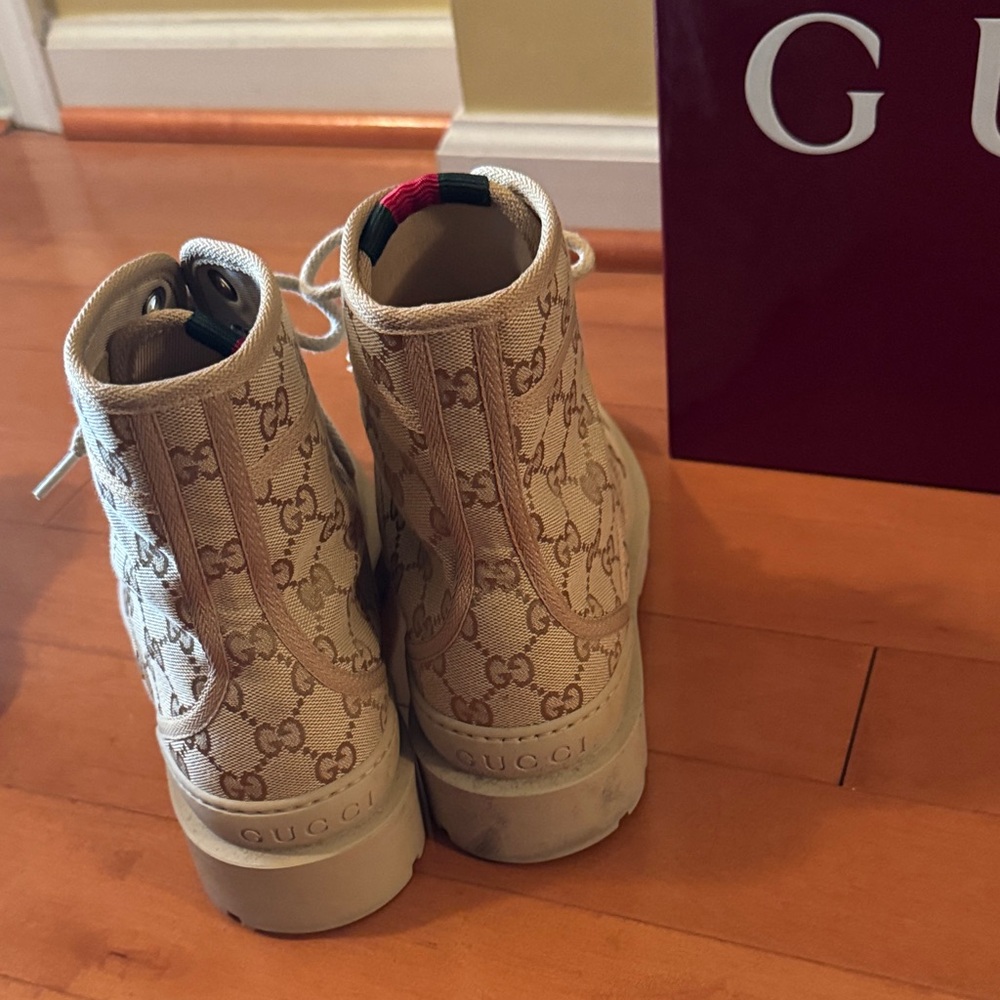 Gucci Beige Monogram High-Top Combat Boots - Picture 2 of 4